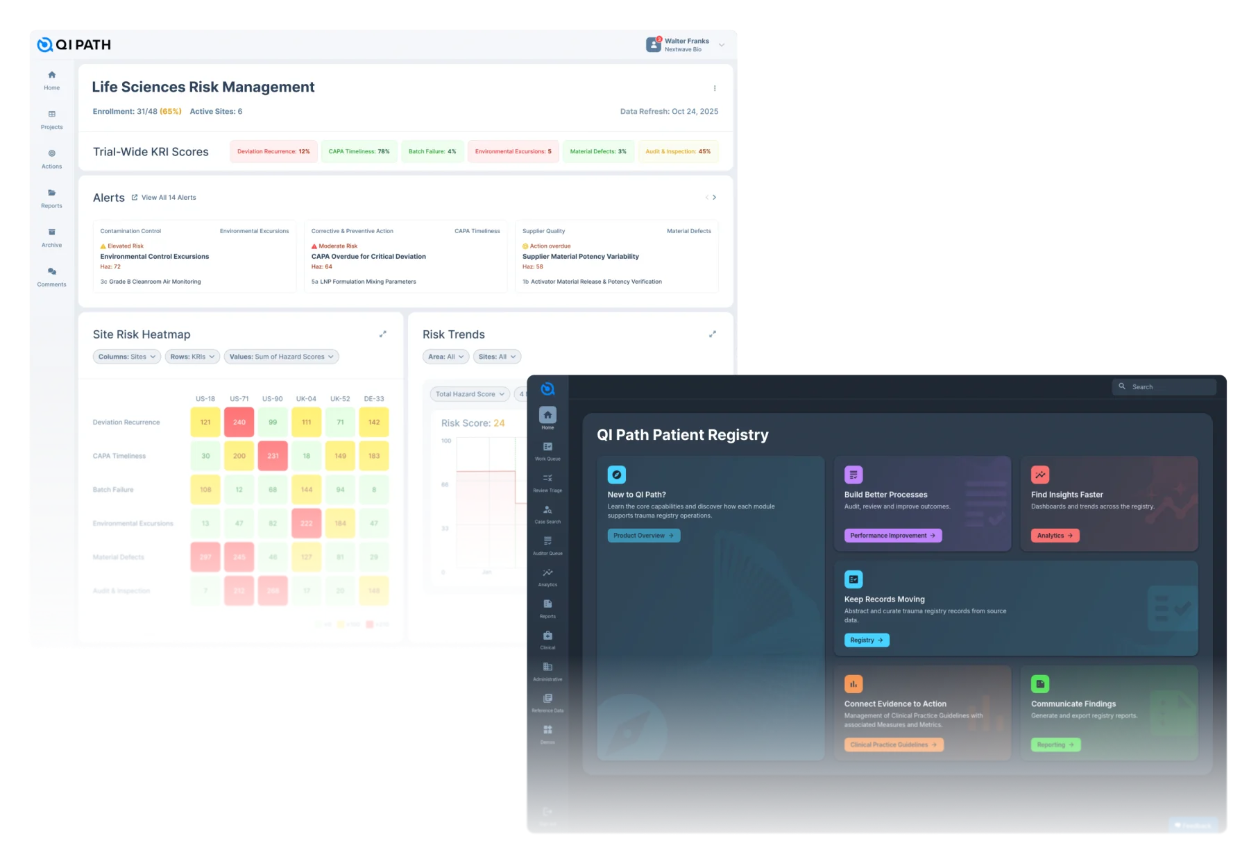 The QI Path platform showing a life sciences risk dashboard and patient registry